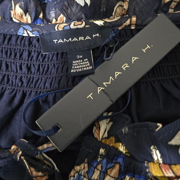 Tamara H. BLUE AND GOLD Floral Print Sheer sleeve Peasant‎ Blouse Plus Size 3X - Picture 10 of 10